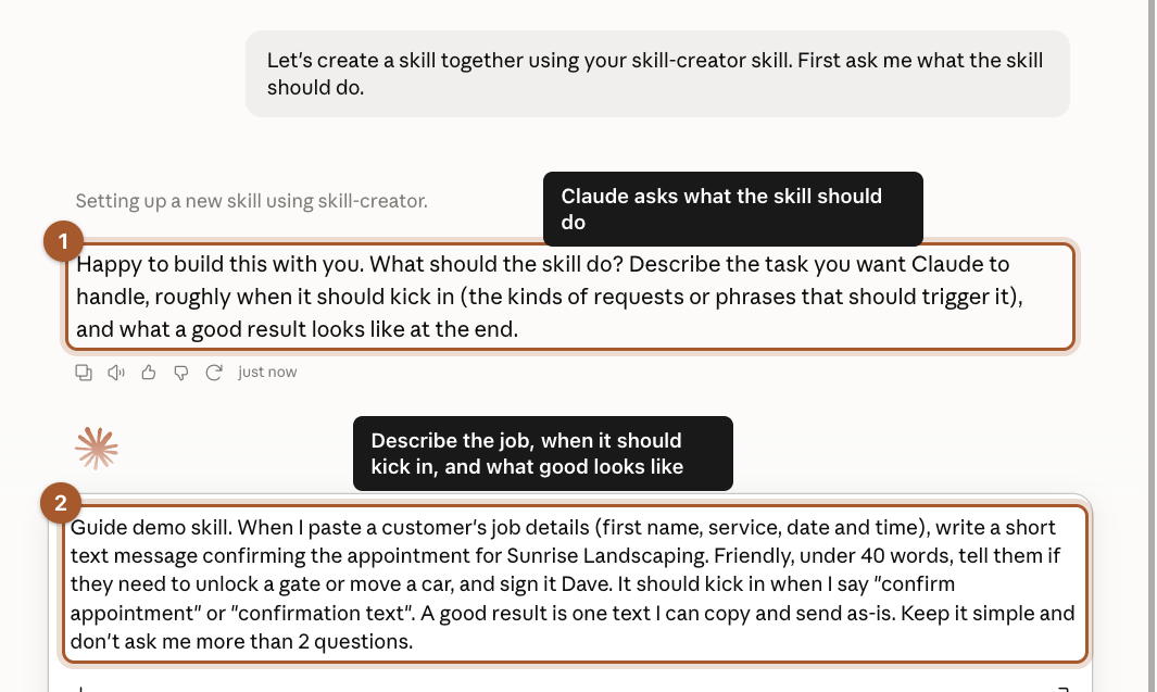 Claude asking what the skill should do, and a reply describing an appointment confirmation text skill.