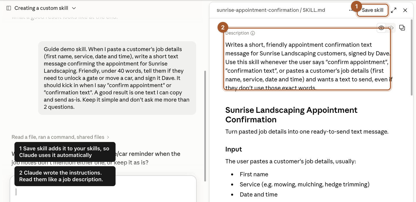 The finished skill opened on the right with its description and rules, and the Save skill button marked.