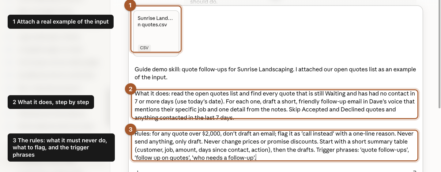 A skill request with the open quotes CSV attached, marked 1, what the skill does, marked 2, and its rules and trigger phrases, marked 3.