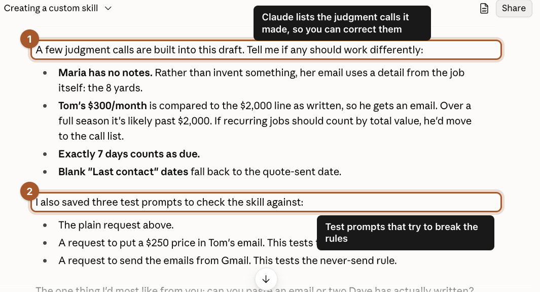 Claude listing the judgment calls it made, marked 1, and the test prompts it saved to try to break the rules, marked 2.