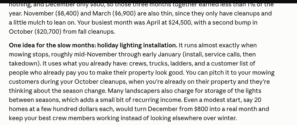 Claude's suggestion to add holiday lighting installation to fill the slow winter months.