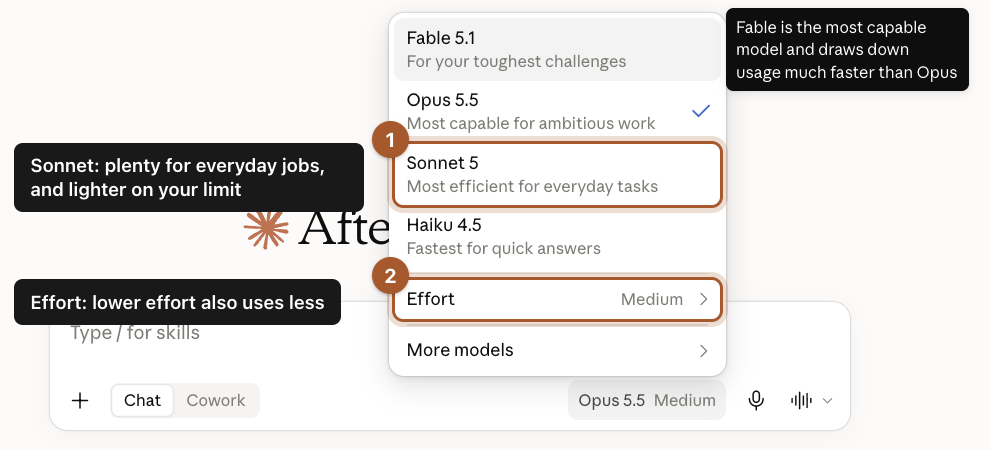 The model menu open in the message box, listing Fable, Opus, Sonnet and Haiku with short descriptions, plus an Effort setting.