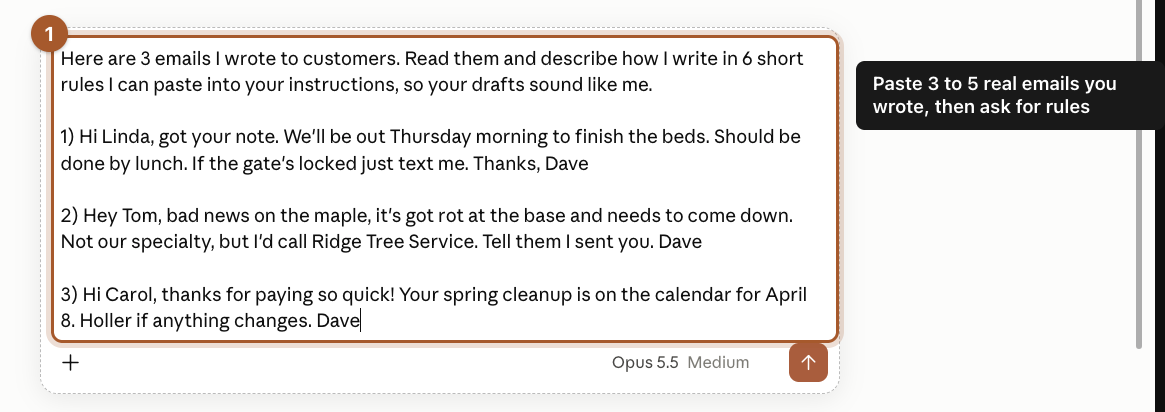 The message box with a request followed by three short customer emails signed Dave.