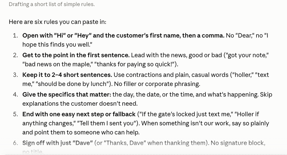 Claude's reply: six rules describing the writing style, such as open with Hi and a first name, get to the point in the first sentence, and keep it to 2 to 4 short sentences.
