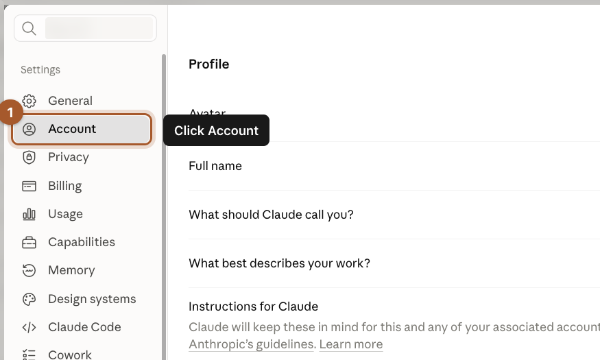 The Settings window with Account marked in the left-hand menu.