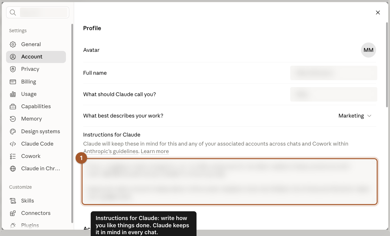 The Account settings page with the Instructions for Claude box marked.